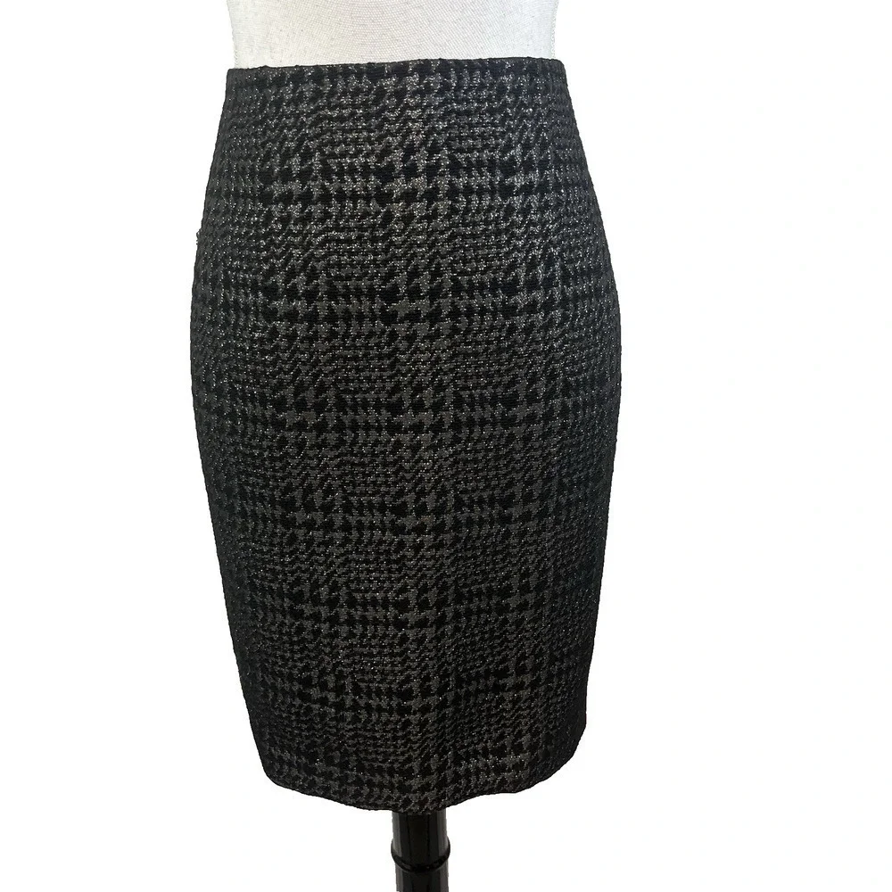 Liz Claiborne Skirt sz 6 Black Silver Sparkle Plaid Wool Pencil Knee Suit Career - Picture 1 of 8